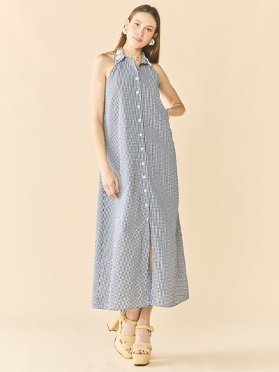 Cami Collar Dress x Rainey - Navy Gingham With Cream Crochet Applique