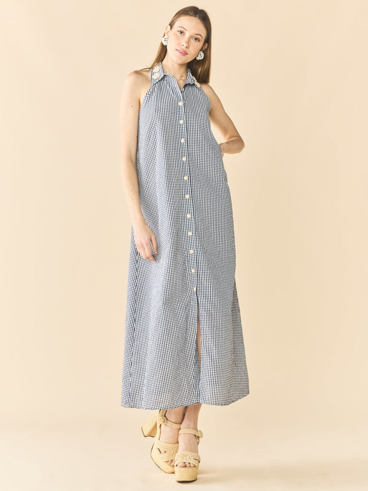 Cami Collar Dress x Rainey - Navy Gingham With Cream Crochet Applique