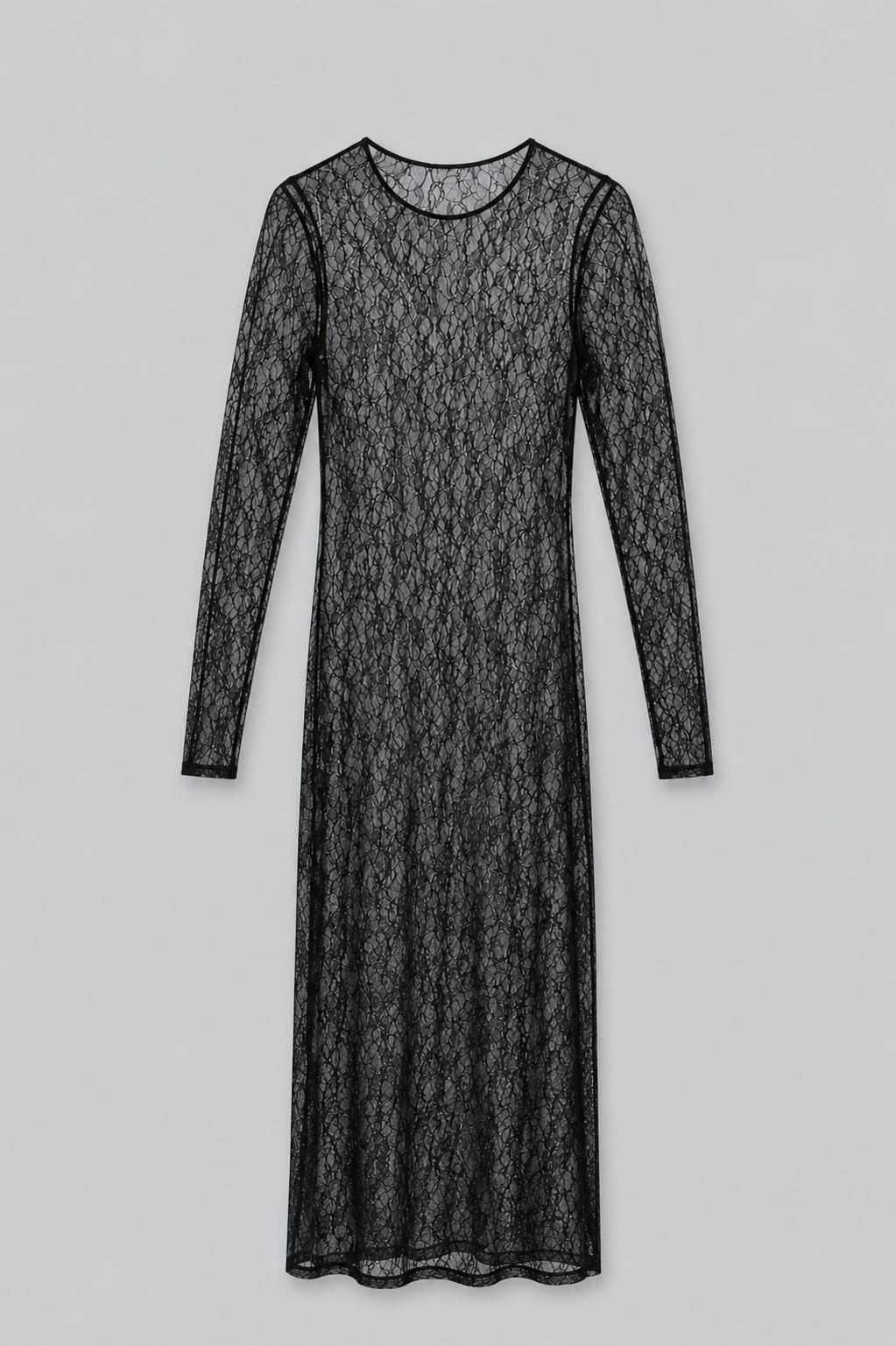 Metallic Lace Dress Midi - Black Silver