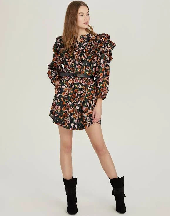 Floral Ruffle Button Up Dress - Black Combo