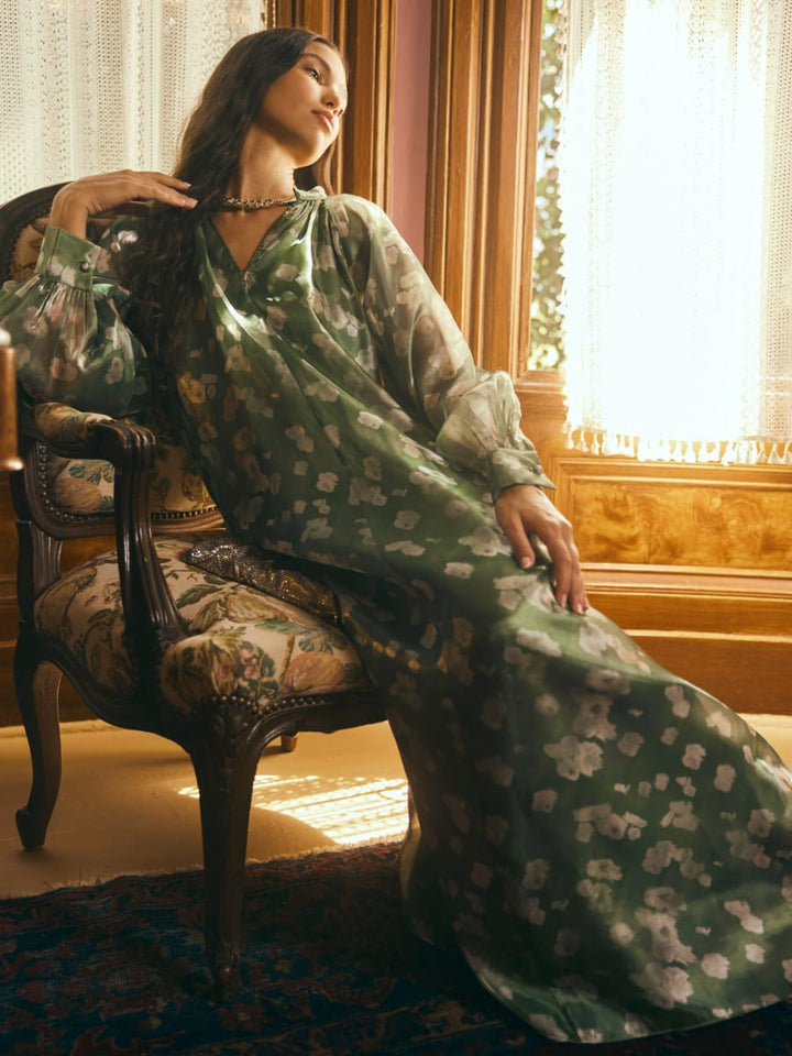 Caroline Dress - Green Blurry Magnolia