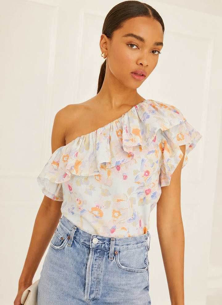 One Shoulder Ruffle Top - Blue Combo