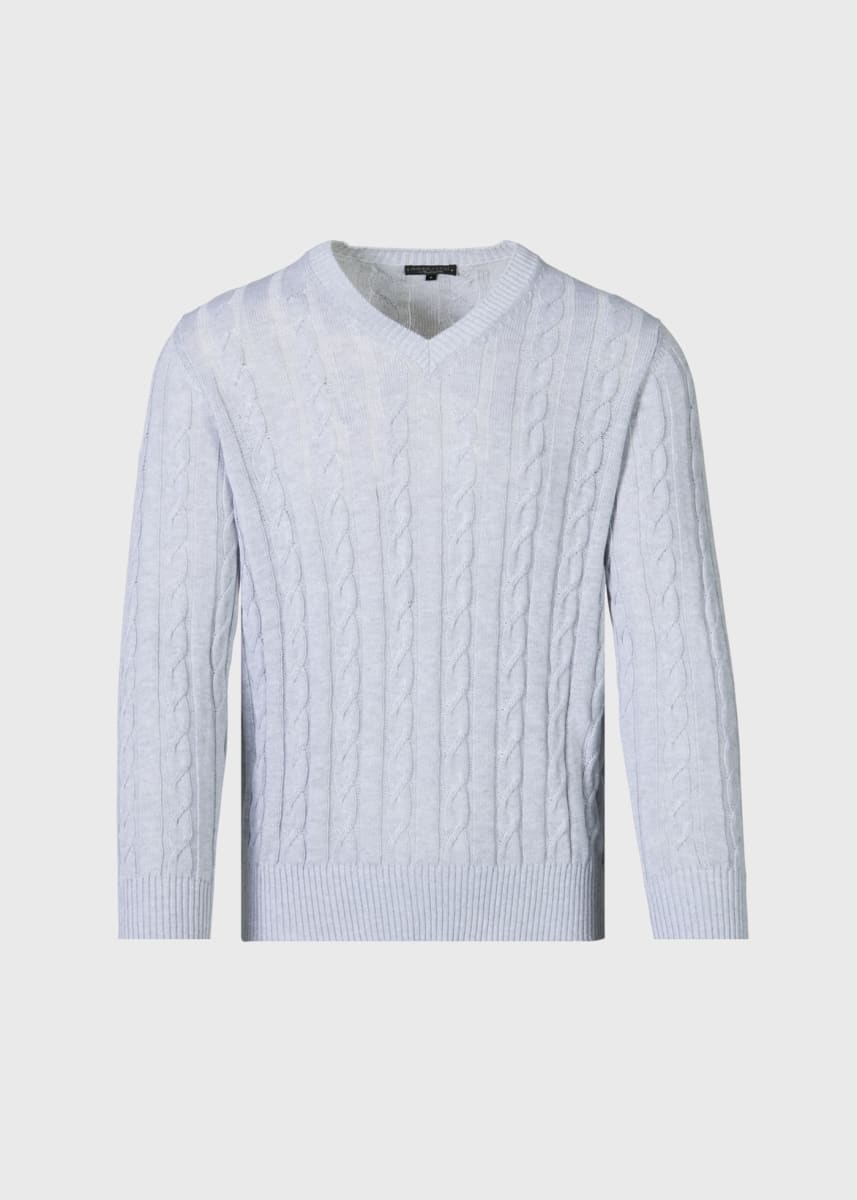 Cotton Cable V Neck Pullover - Silver