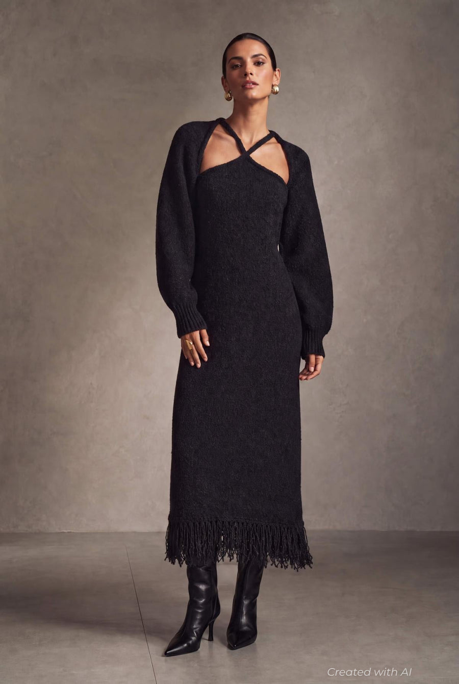 Halter Sweater Dress With Shrug - Black - Dresses