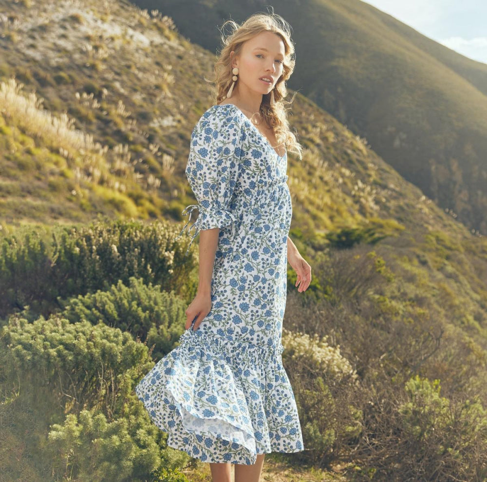 Hayley Puff Sleeve Midi Dress - Cream/Azure Floral - FINAL SALE - Dresses