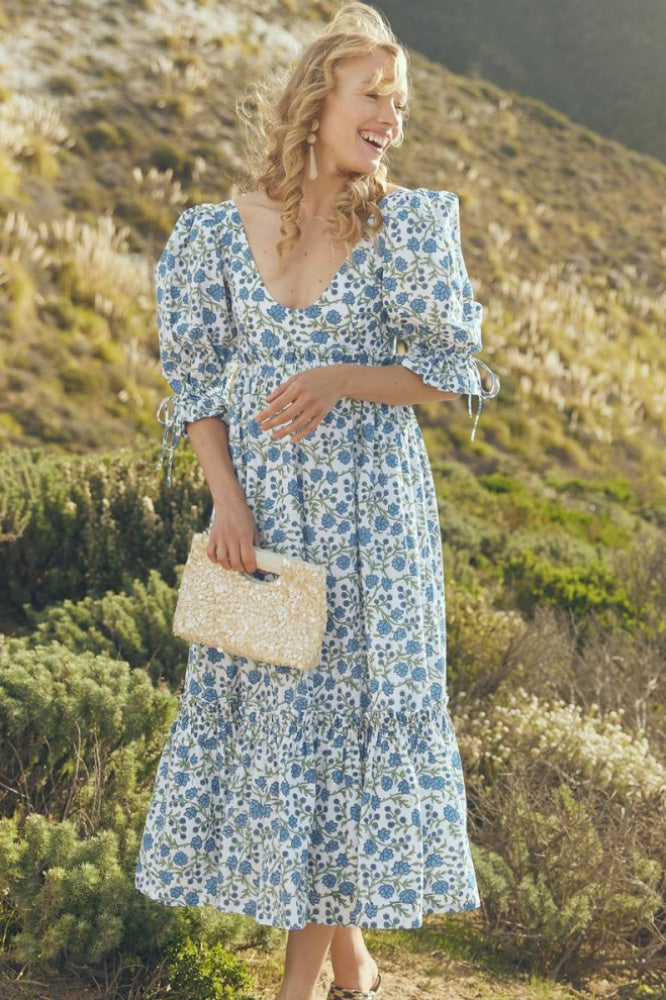 Hayley Puff Sleeve Midi Dress - Cream/Azure Floral - FINAL SALE - Dresses