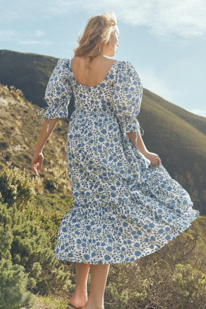 Hayley Puff Sleeve Midi Dress - Cream/Azure Floral - FINAL SALE - Dresses