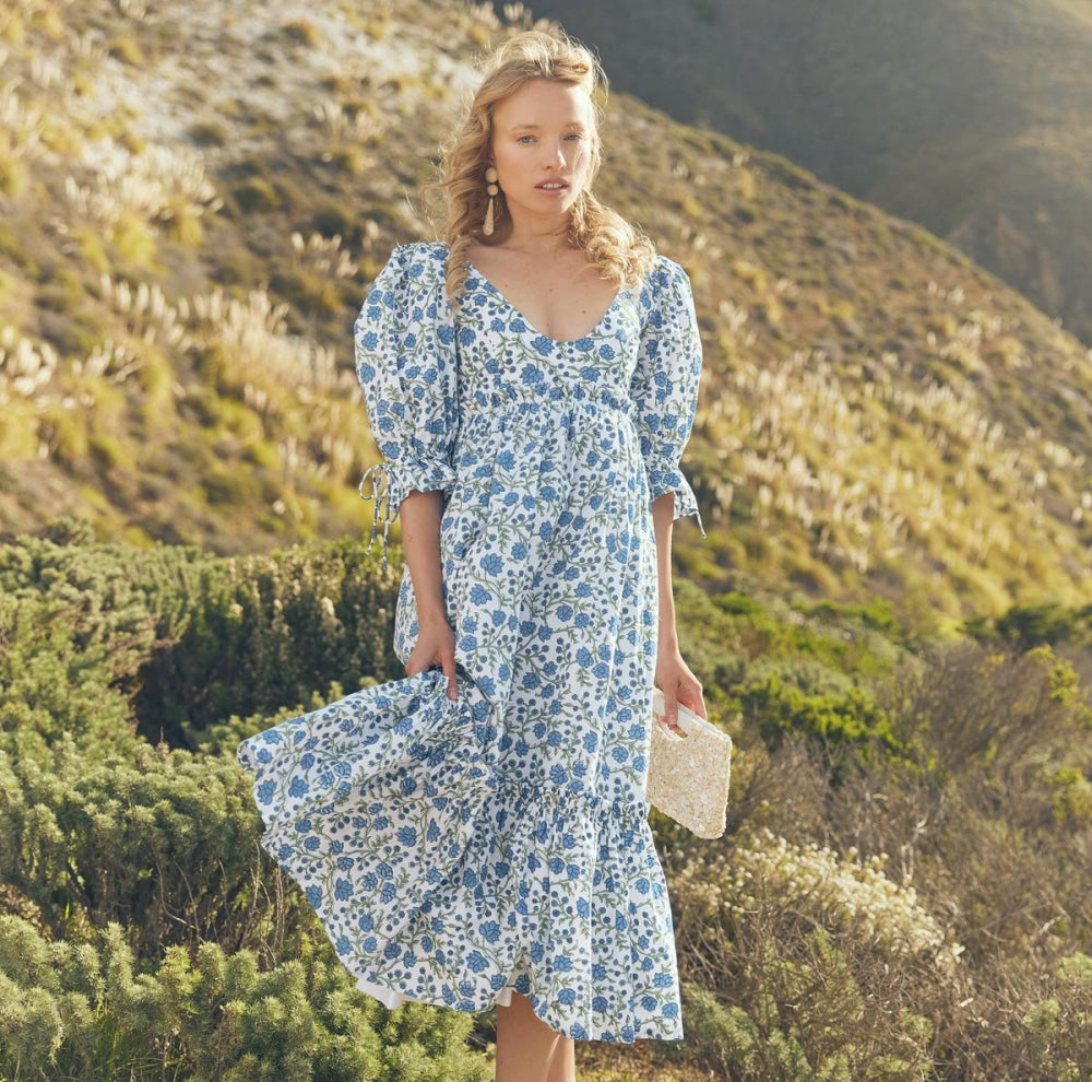 Hayley Puff Sleeve Midi Dress - Cream/Azure Floral - FINAL SALE - Dresses