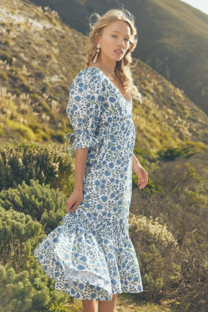 Hayley Puff Sleeve Midi Dress - Cream/Azure Floral - FINAL SALE - Dresses