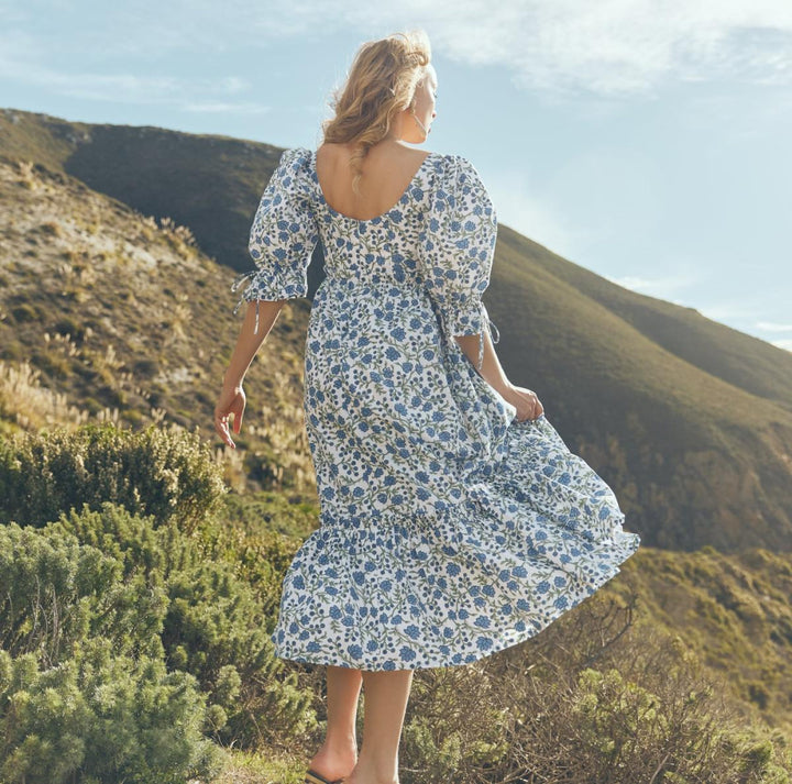 Hayley Puff Sleeve Midi Dress - Cream/Azure Floral - FINAL SALE - Dresses