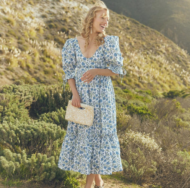 Hayley Puff Sleeve Midi Dress - Cream/Azure Floral - FINAL SALE - Dresses