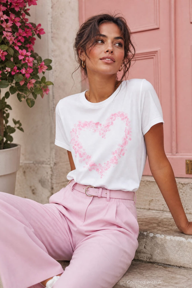 Heart Petals Wide T-Shirt - White - T-shirt