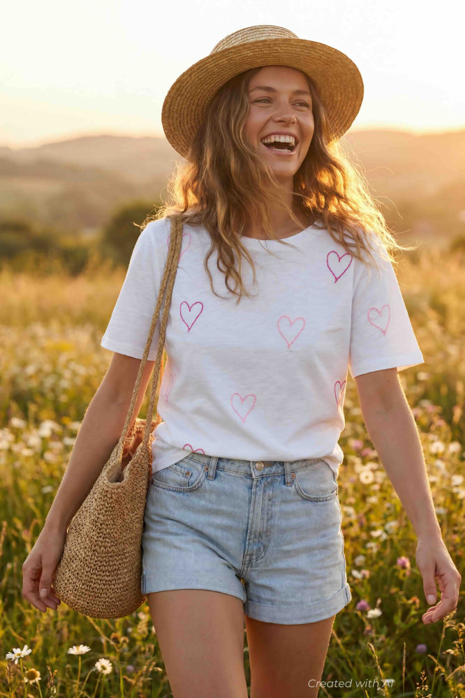 Heart Stitch Wide T-Shirt - White - T-shirt