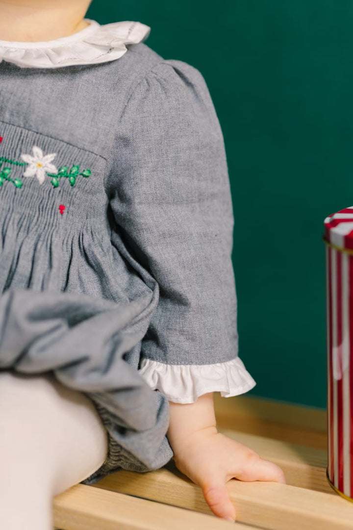 Heidi Long Sleeve Smocked Bubble Romper - Grey Winter - 12M - Romper