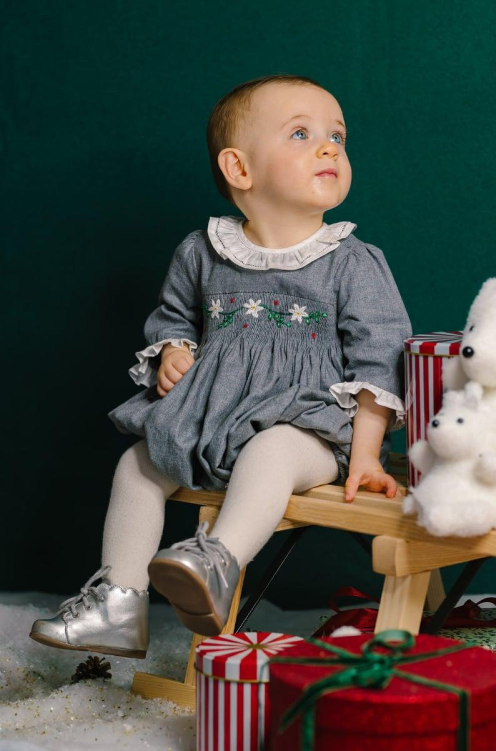 Heidi Long Sleeve Smocked Bubble Romper - Grey Winter - 12M - Romper
