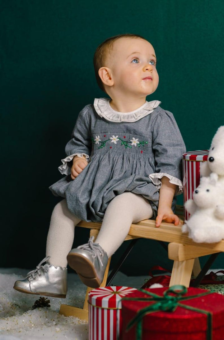 Heidi Long Sleeve Smocked Bubble Romper - Grey Winter - 12M - Romper