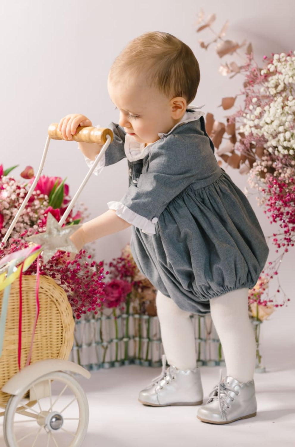 Heidi Long Sleeve Smocked Bubble Romper - Grey Winter - 12M - Romper