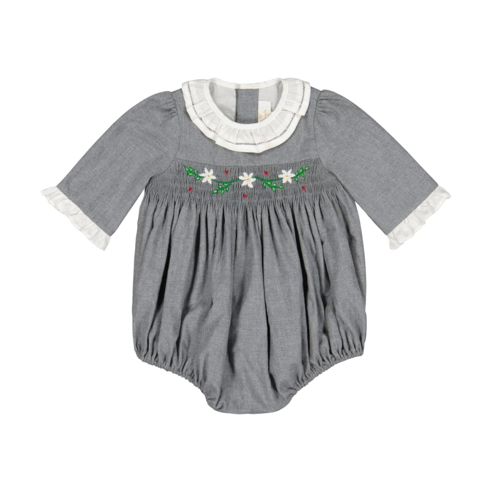 Heidi Long Sleeve Smocked Bubble Romper - Grey Winter - 12M - Romper