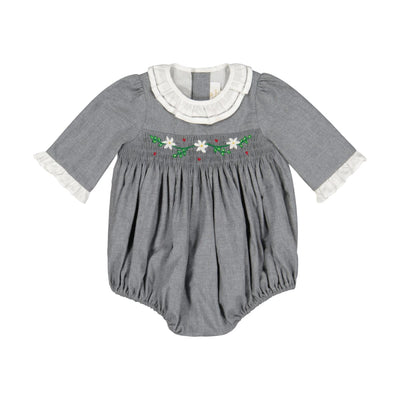 Heidi Long Sleeve Smocked Bubble Romper - Grey Winter - 12M - Romper