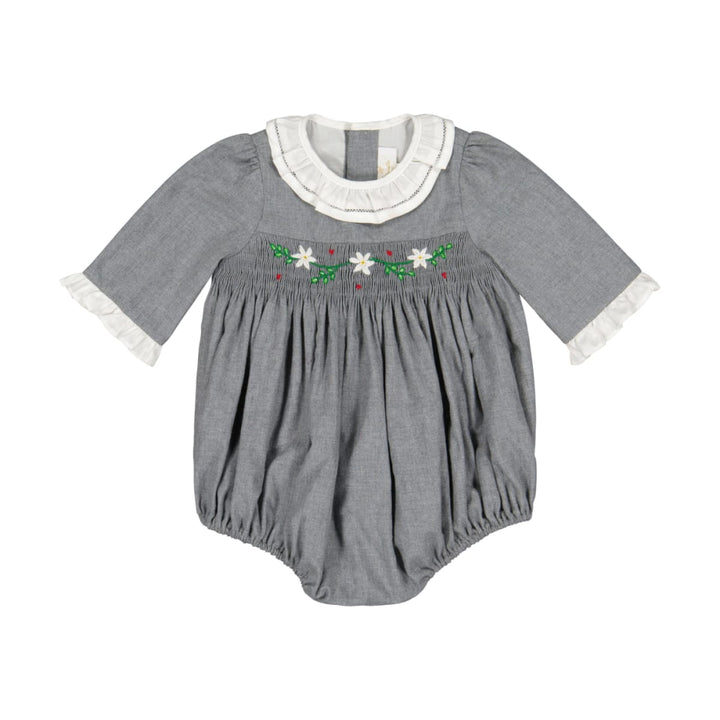 Heidi Long Sleeve Smocked Bubble Romper - Grey Winter - 12M - Romper