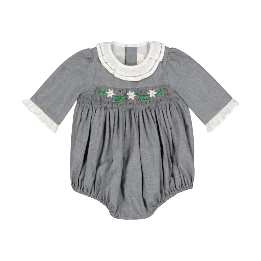 Heidi Long Sleeve Smocked Bubble Romper - Grey Winter - 12M - Romper