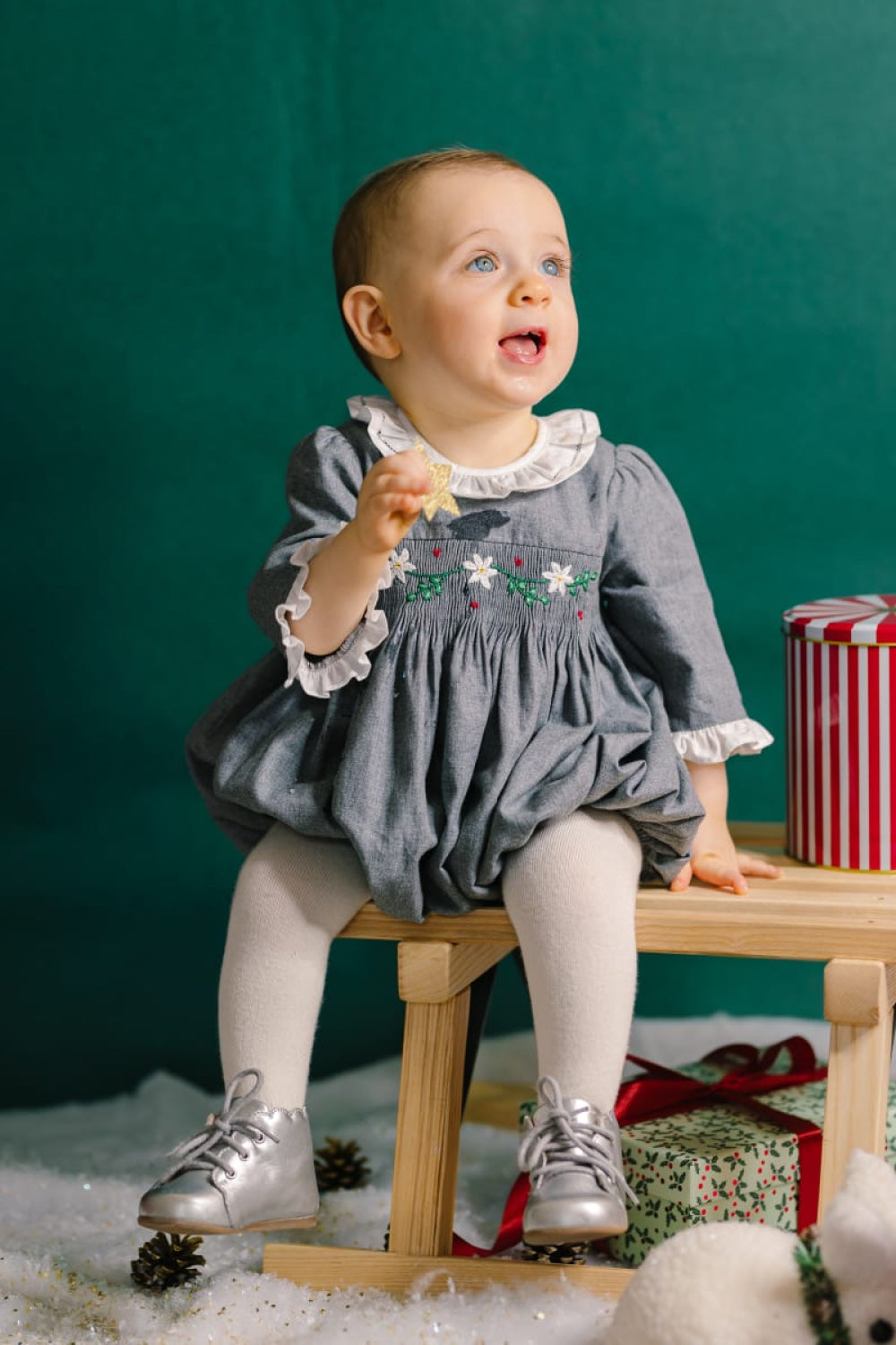 Heidi Long Sleeve Smocked Bubble Romper - Grey Winter - 12M - Romper