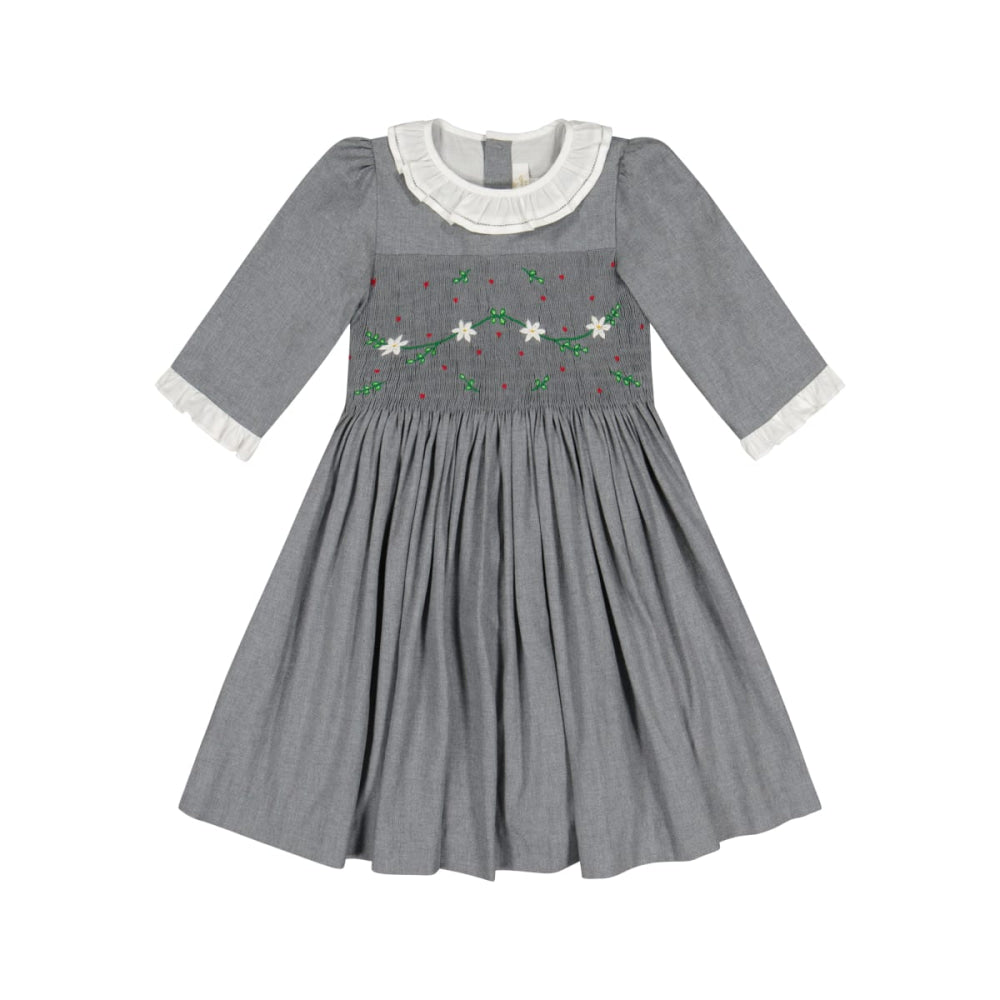 Heidi Long Sleeve Smocked Dress - Grey Winter - 5T - Dresses