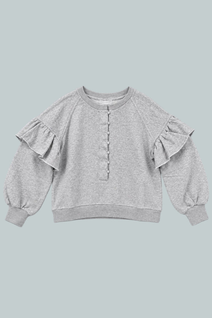 Henley Ruffle Sweatshirt - Heather Gray - Sweatshirt
