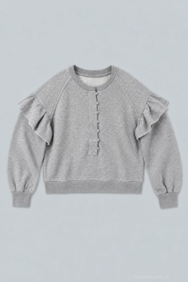 Henley Ruffle Sweatshirt - Heather Gray - Sweatshirt
