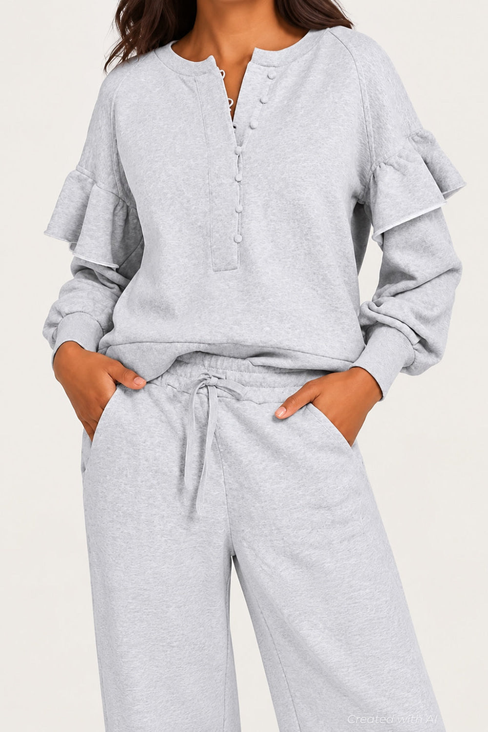 Henley Ruffle Sweatshirt - Heather Gray - Sweatshirt