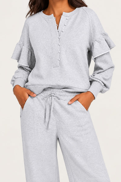 Henley Ruffle Sweatshirt - Heather Gray - Sweatshirt