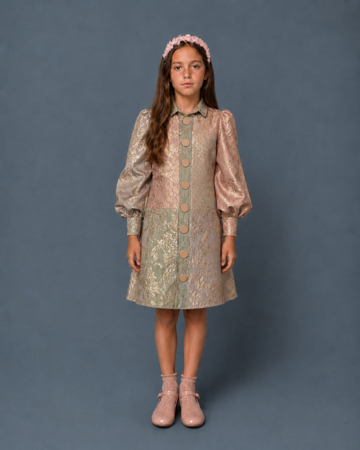 Brocade Button Dress - Pastel Gold
