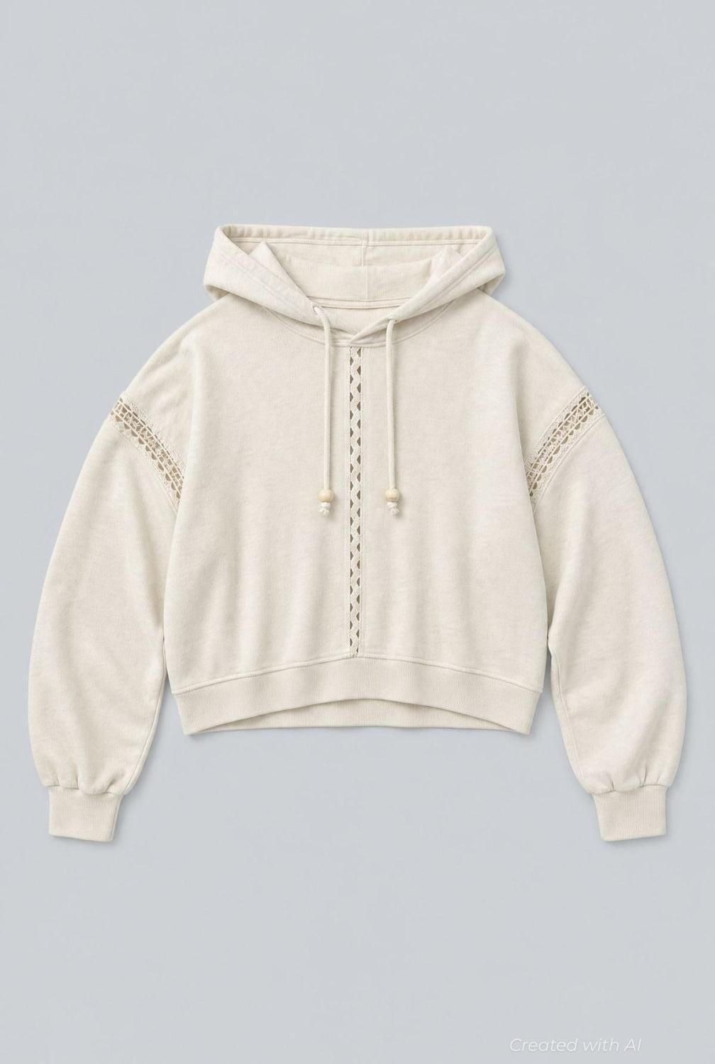 Hoodie With Lace Details And Beads - Ivory - Hoodie