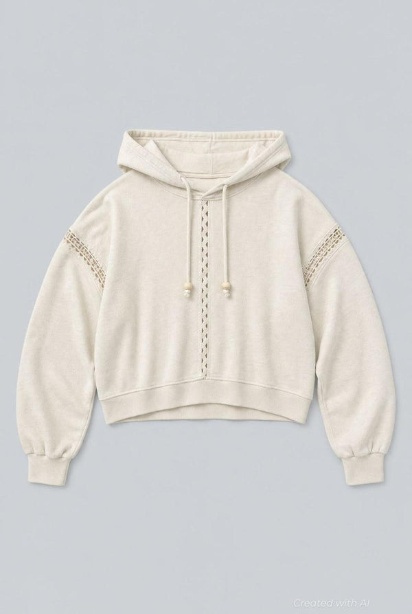 Hoodie With Lace Details And Beads - Ivory - Hoodie