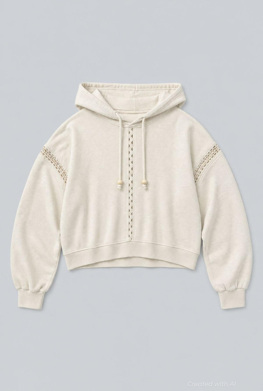 Hoodie With Lace Details And Beads - Ivory - Hoodie
