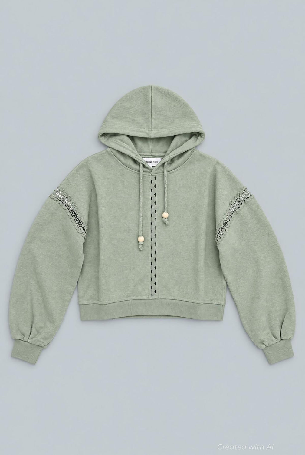 Hoodie With Lace Details And Beads - Sage - Hoodie