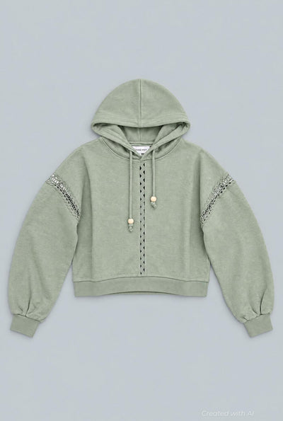 Hoodie With Lace Details And Beads - Sage - Hoodie