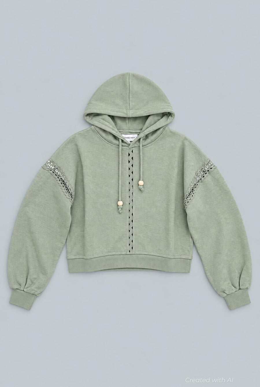 Hoodie With Lace Details And Beads - Sage - Hoodie