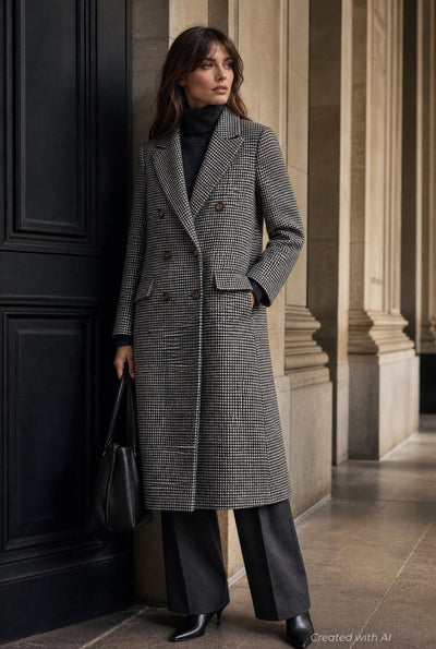 Houndstooth Double Breasted Coat - Black/White - Coat