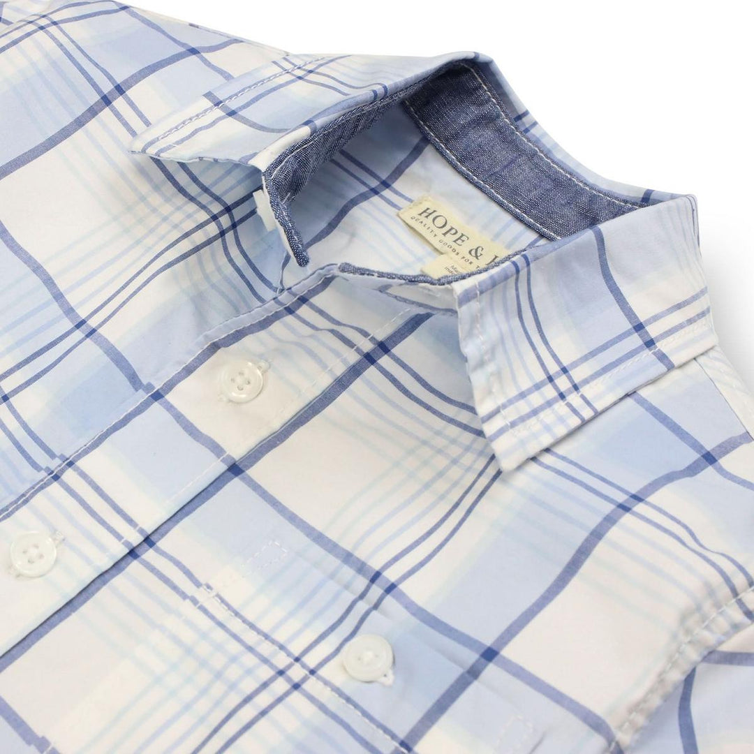 Stretch Short Sleeve Button Down Shirt - Classic Blue Tonal Plaid