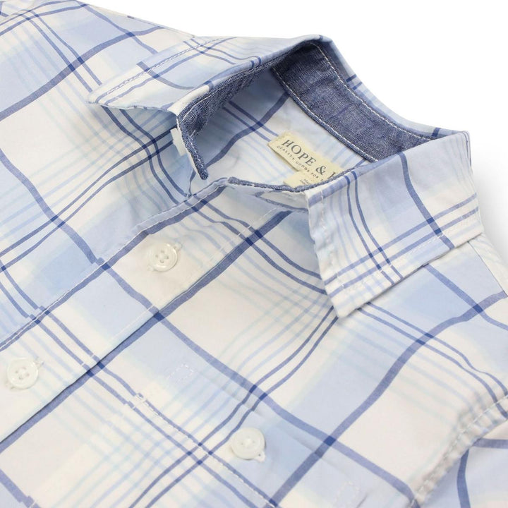 Stretch Short Sleeve Button Down Shirt - Classic Blue Tonal Plaid