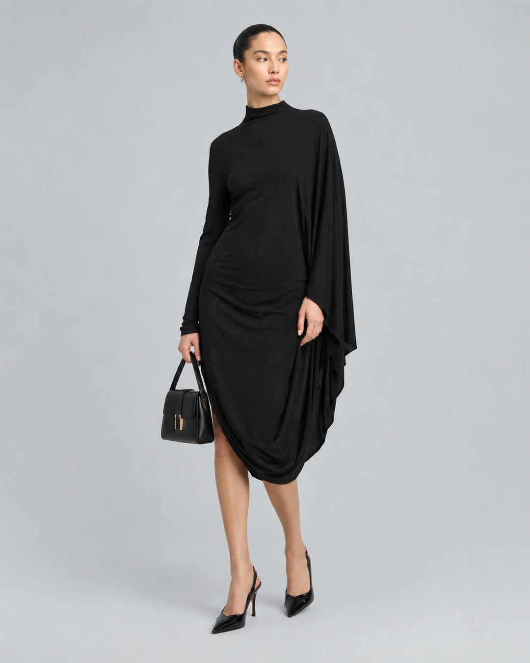 Crepe Jersey Cape Dress - Black