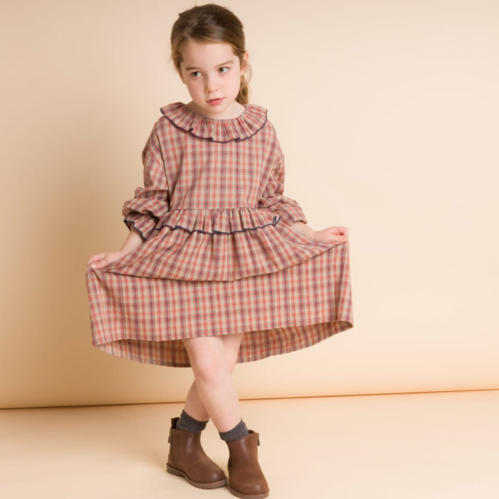 Girls' Ruffle Collar Long Sleeve Dress - Red And Blue Check