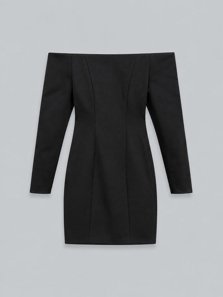 Off-Shoulder Long-Sleeve Mini Dress - Black