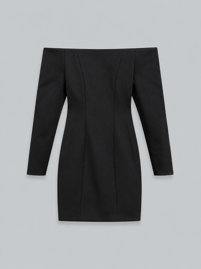 Off-Shoulder Long-Sleeve Mini Dress - Black