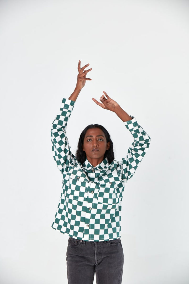 Hand Printed 'The Sophia' Over-Shirt - Green Chessboard Twill