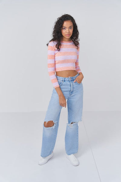 Stripe Up Rib Crew - Peach