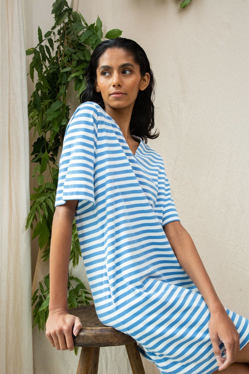 Sasha-Sue Organic Cotton Dress - Sea Blue and White