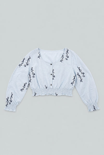 Cropped Embroidered Long Sleeve Top - Blue Combo