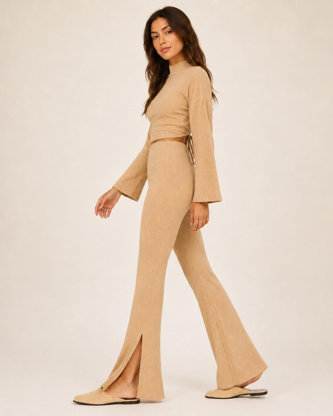 Ribbed Textured Flare Pants With Slits - Camel